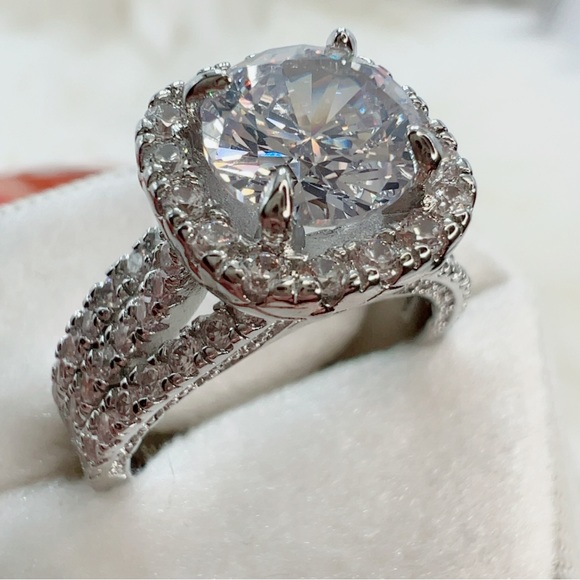 14k white gold 3 CT diamond ring round cut pave halo antique 7 style engagement - Picture 4 of 11